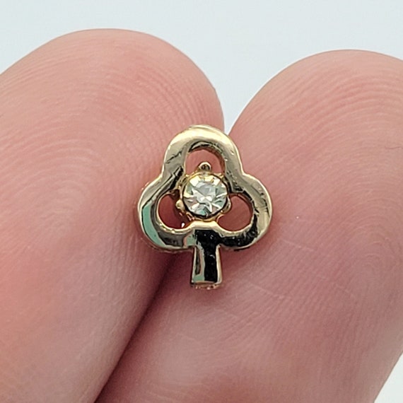 Vintage Minimalist Gold Tone Openwork Club with Rhinestone Accent Lapel Pin Brooch Tie Tack Costume Jewelry Retro Statement Women Men Unisex