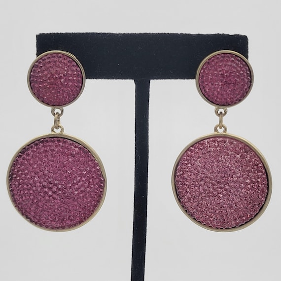Vintage Oversize Matte Gold Tone Circular Dangle Earrings with Domed & Dotted Pink Cabochons Costume Jewelry Retro Women Statement Large