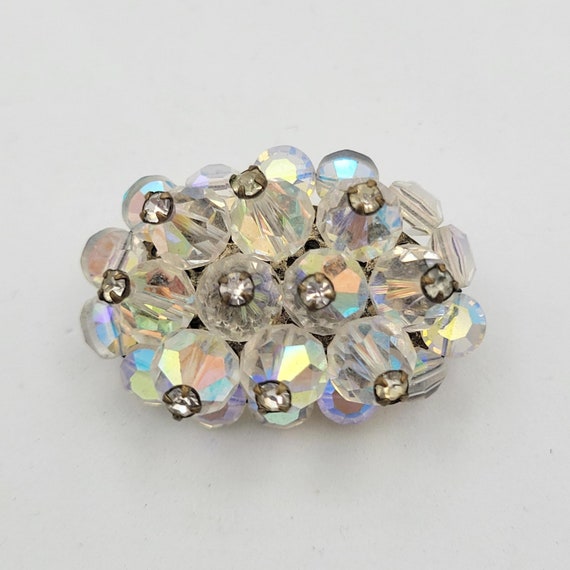 Vintage Oval Iridescent Beaded Brooch Pendant with Rhinestone Accents Costume Jewelry Retro Statement Women Pin Crystal Dome Cluster