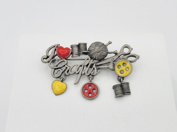 Vintage Danecraft Pewter Silver Tone I Love Crafts Brooch Costume Jewelry Retro Statement Women Pin Heart Buttons Red Yellow Enamel Scissors
