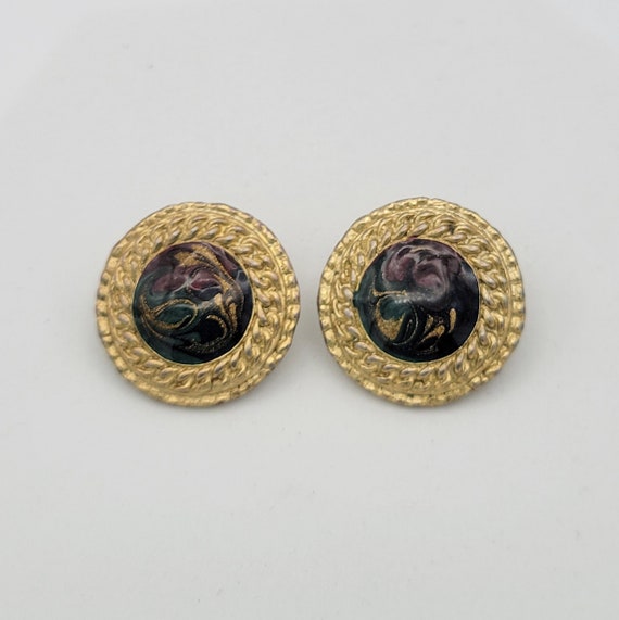 Vintage 1990s Heavy Gold Tone Circle Stud Earrings with Green, Gold, Purple & Blue Glitter Enamel Costume Jewelry Retro Women Statement