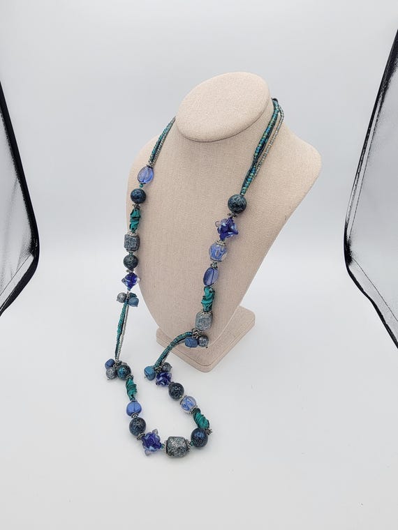 Vintage Chico's Three-Strand Blue, Turquoise & Aqua Glass Beaded Necklace Costume Jewelry Retro Women Statement Chunky Bohemian Silver Tone