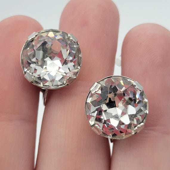 Vintage Oversize Silver Tone & Clear Faceted Rhinestone Clip On Stud Earrings Women Accessories Statement Costume Jewelry Round Sparkle