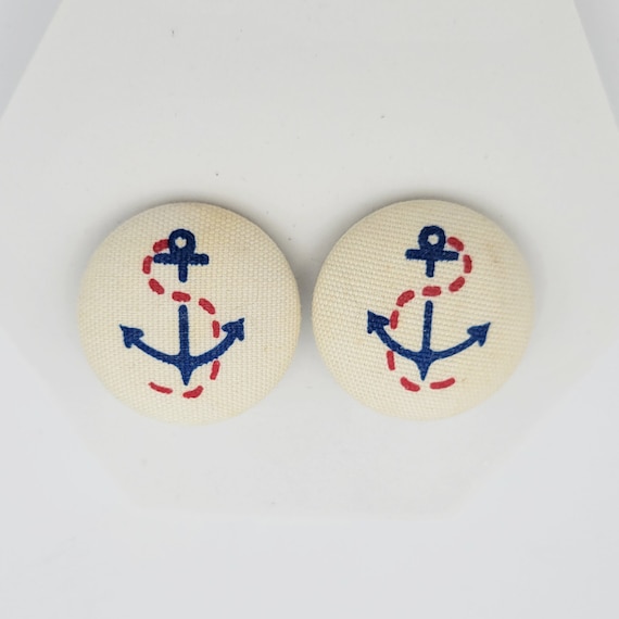 Vintage 1990s White Canvas Material Button Clip On Earrings with Nautical Motif Costume Jewelry Retro Women Statement Chunky Anchor Rope