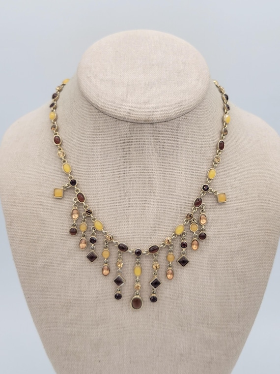 Vintage Gold Tone & Earthtone RhineStone Chandelier Bib Collar Necklace Costume Jewelry Retro Women Statement Brown, Yellow, Red Cabochons