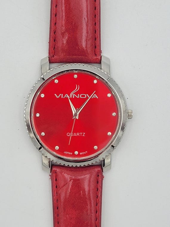 Vintage Via Nova Oversize Silver Tone & Rhinestone Red Ladies Watch with Genuine Leather Band Costume Jewelry Statement Timepiece 45mm