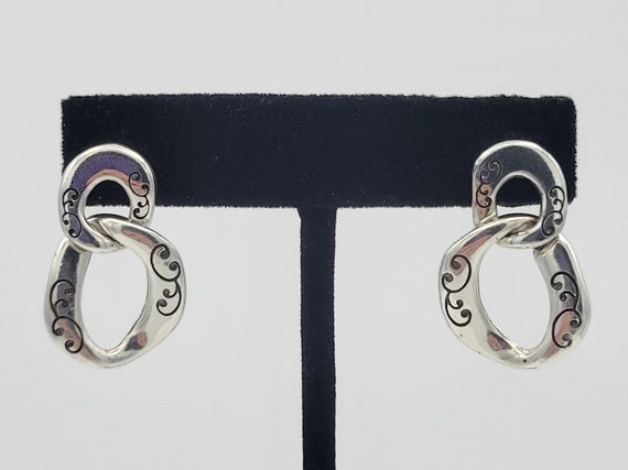 Retired Brighton Twirl Chain Link Drop Earrings Silver Plated Black Enamel Costume Jewelry Retro Versatile 1 1/8" Pave Curb Linked Interlock