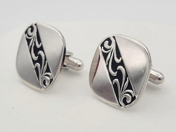 Vintage Pioneer Chrome Finish & Black Enamel Filigree Silver Tone Men's Cuff Links Costume Jewelry Suit Men's Accessories Accent Square