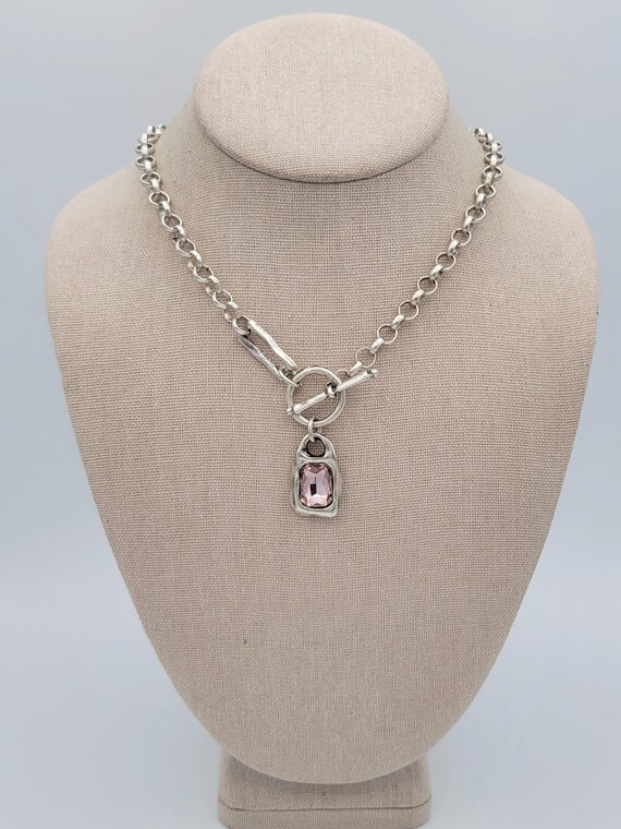 Vintage Thick Silver Tone Cable Chain Necklace with Brutalist Pink Rhinestone Pendant & Toggle Clasp Costume Jewelry Retro Statement Women