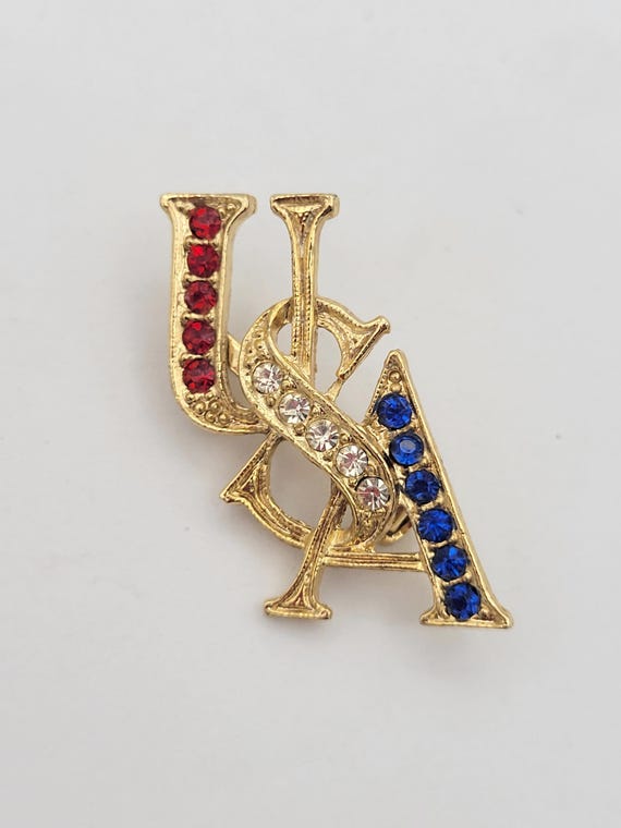 Vintage Gold Tone USA Brooch with Clear, Red & Blue Rhinestones Costume Jewelry Retro Statement Lapel Hat Pin Independence Day American