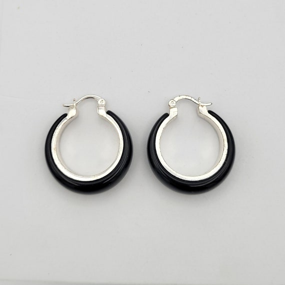 Vintage Silver Tone & Black Lucite Hoop Earrings Costume Jewelry Statement Retro Accessories Women 1 1/8" Diameter Chrome Classic Versatile