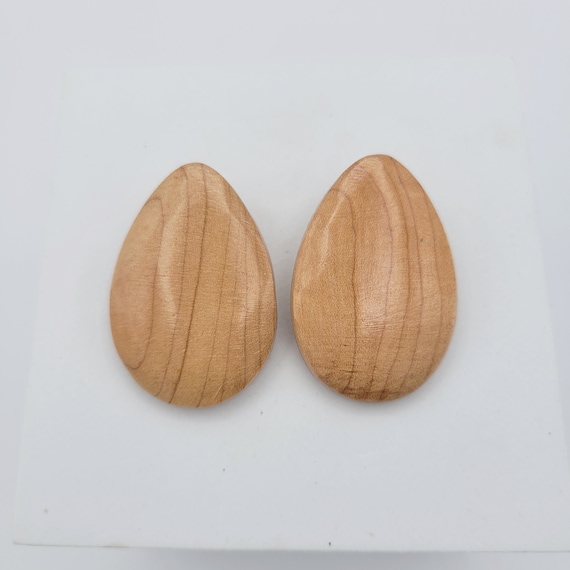 Vintage Oversize Polished Natural Wood Teardrop Shaped Stud Earrings Costume Jewelry Retro Women Statement 1 3/4" Bohemian 1970s Light