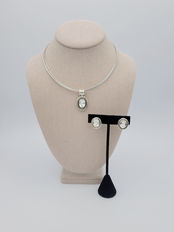 Vintage Silver Tone Oval Rhinestone Jewelry Set with 3 Strand Cable Necklace & Clip On Earrings Costume Jewelry Retro Statement Women