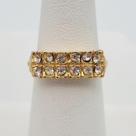 Vintage NEW Gold Tone Rectangular Convex Band with Rhinestones Women's Statement Right Hand Ring Costume Jewelry Thumb Stackable Chunky