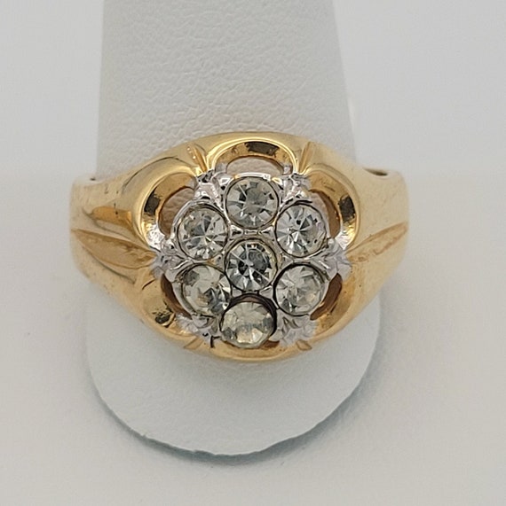 Vintage Gold Plated & Clear Cubic Zirconia Men's Statement Ring Right Hand Ring Costume Jewelry Floral Pattern Design Chunky 1970s Thick