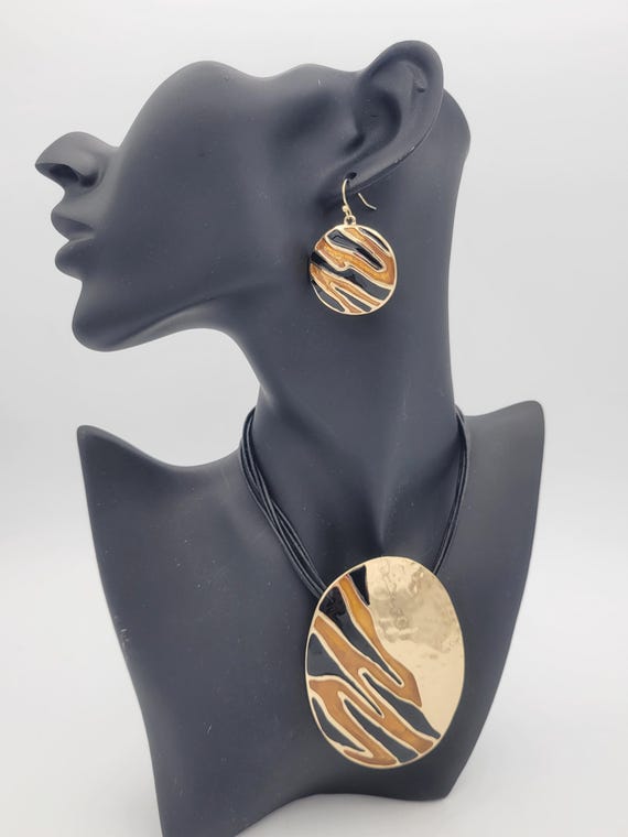 Vintage Chico's Oversize Gold Tone Striped Jewelry Set with Black & Yelllow Enamel Necklace and Dangle Earrings Costume Jewelry Statement