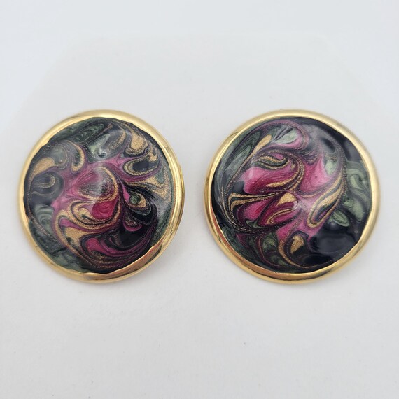 Vintage 1990s Oversize Gold Tone Circle Stud Earrings with Gold & Jewel Tone Glitter Enamel Costume Jewelry Women Statement 1 1/2" Round