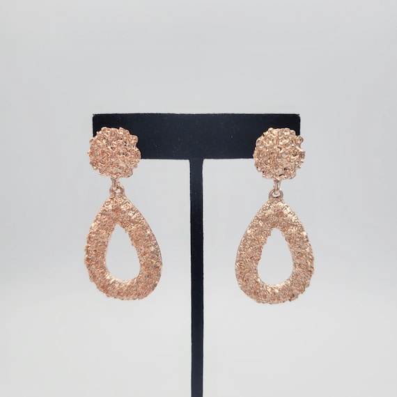 Vintage Rose Gold Tone Openwork Teardrop Nugget Style Dangle Earrings Costume Jewelry Retro Women Statement 2 3/8" Long Pear Textured