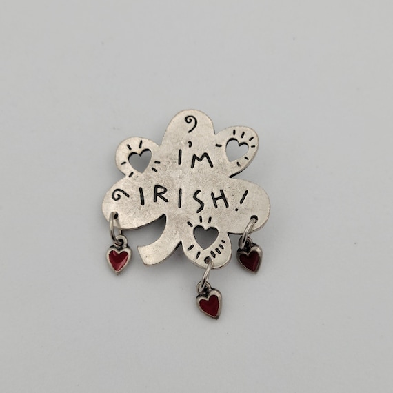 Vintage Silver Tone Gold I'm Irish Clover Brooch with Cut Out & Dangling Hearts Pin St. Patrick's Day Costume Jewelry Statement Luck Red