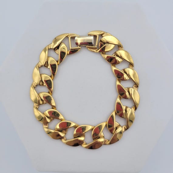 Vintage 1980s Monet Gold Tone Curb Chain Bracelet Costume Jewelry Retro Women Accessories Statement Wide Chunky Shiny Chrome Metallic 7 3/4"