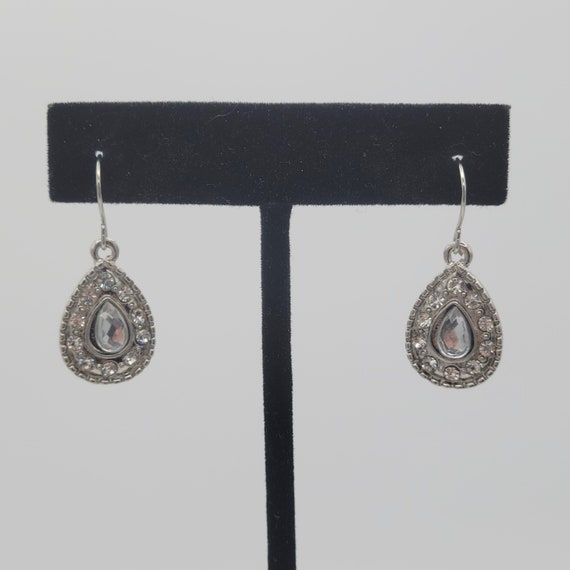 Vintage Silver Tone Teardrop Dangle Earrings with Clear Faceted Rhinestones Costume Jewelry Statement Retro Accessories Women 1 1/4" Small