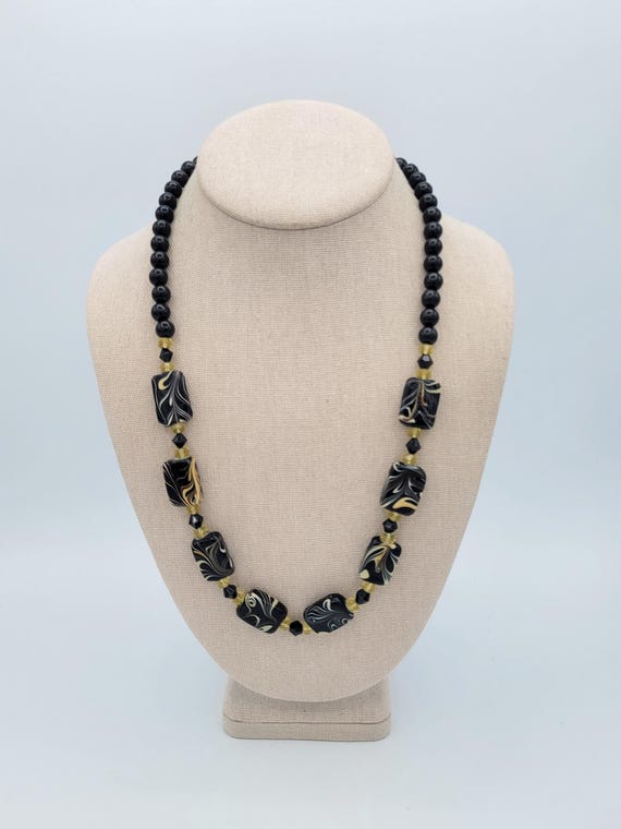 Vintage Single Strand Black & Cream Glass Beaded Necklace  Costume Jewelry Retro Statement Bib Rectangle Swirl Round 23" Long