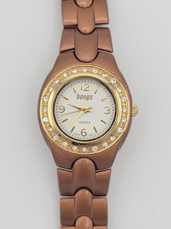Vintage Bongo Bronze & Gold Tone Ladies Watch with Rhinestones Costume Jewelry Retro Women Accessories Statement Timepiece Accutime Brown