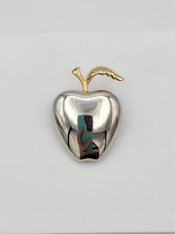 Vintage Liz Claiborne Two Tone Apple Brooch with Stem & Leaf Costume Jewelry Retro Statement Women Pin Thick Chunky Silver and Gold Tone