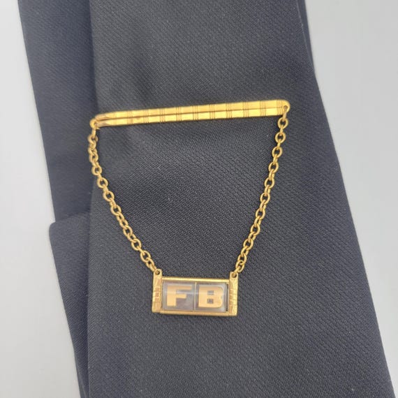 Vintage 1960s Hickok Gold Tone Tie Clip with Cable Chain & Initial Charm F B Costume Suit Men's Accessories Retro Formal Wear Initials