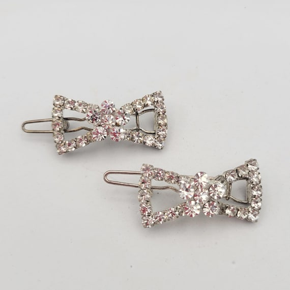 Vintage Pair of Rhinestone Encrusted Openwork Bow Tie Shaped Barrettes with Floral Accents Hair Clip Costume Jewelry Statement Retro Formal