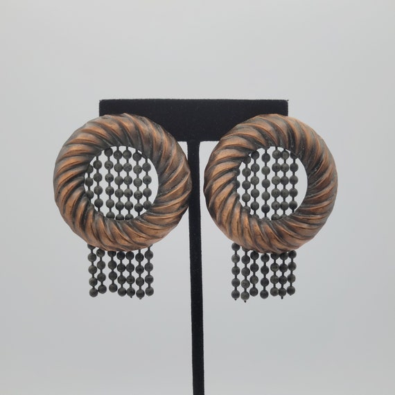 Vintage Mixed Metal Openwork Circle Dangle Earrings with Beaded Chain Accents Costume Jewelry Statement Retro Accessories Women Copper 2 1/2