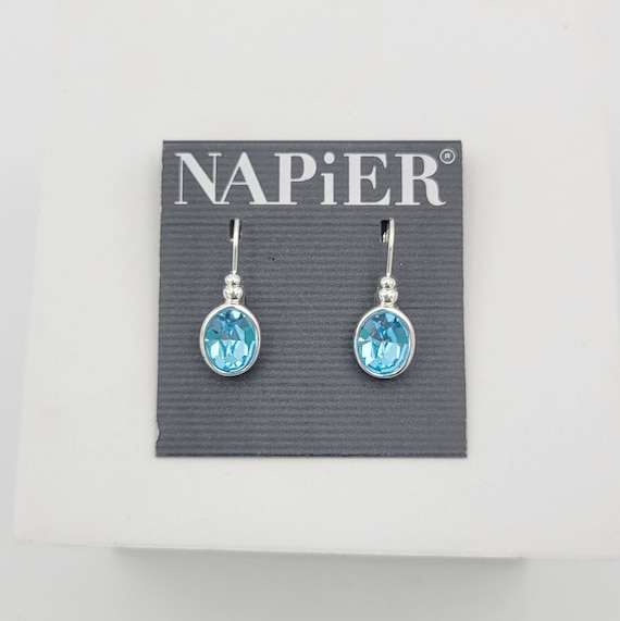 Vintage New 1990s Napier Silver Tone & Blue Faceted Rhinestone Lever Back Earrings Costume Jewelry Retro Women Statement Faux Topaz Oval