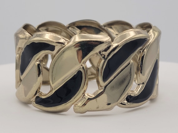 Vintage Gold Tone Wide S Curve Bangle Bracelet with Black Enamel Accents Costume Jewelry Retro Statement Women Half Circle Crescent Swirl
