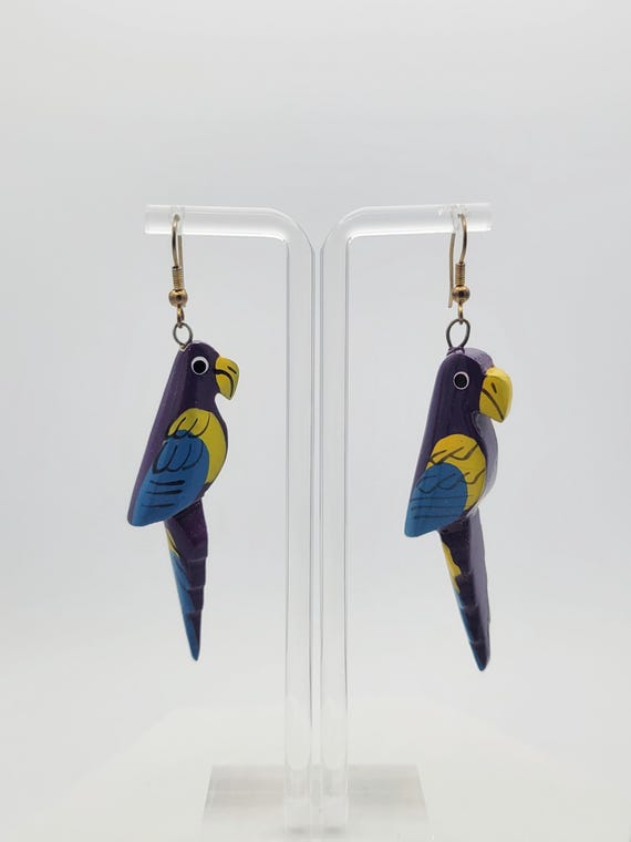 Vintage Lightweight Painted Wood Whimsical Purple Parrot Dangle Earrings Costume Jewelry Retro Women Statement Yellow Blue Enamel Tail