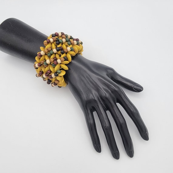 Vintage Bohemian Wood Beaded Stretch Cuff Bracelet Costume Jewelry Retro Statement Women Thick 2 1/8" Wide Chunky Yellow Red Green Blue