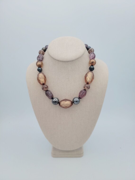 Vintage NY Brand Gunmetal & Bronze Faceted Beaded Necklace Costume Jewelry Retro Statement Choker Collar Chunky Copper Black Adjustable