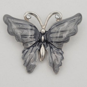 Vintage 1980s Silver Tone & Enamel Butterfly Brooch with Rhinestones Costume Jewelry Retro Women Accessories Statement Lapel Pin Gray Black