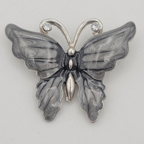 Vintage 1980s Silver Tone & Enamel Butterfly Brooch with Rhinestones Costume Jewelry Retro Women Accessories Statement Lapel Pin Gray Black