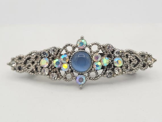 Vintage Silver Tone Openwork Heart Filigree, Iridescent Rhinestone & Blue Cabochon Barrette with Double Push Button Clasp Costume Jewelry