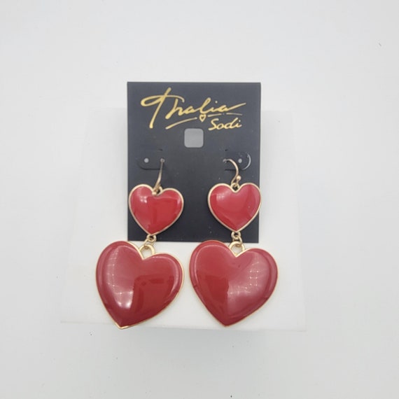 NEW Thalia Sodi Gold Tone Red Puffy Heart Dangle Drop Earrings Costume Jewelry Retro Women Statement 2 3/4" Long Double Two Hearts Designer