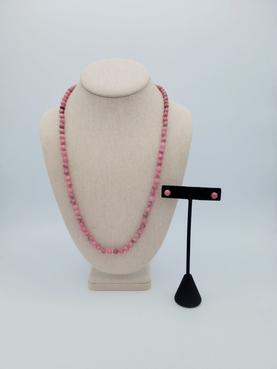 Vintage Genuine Rhodonite Beaded Necklace & Stud Earrings Jewelry Set Costume Jewelry Retro Women Accessories Statement Natural Stone Pink