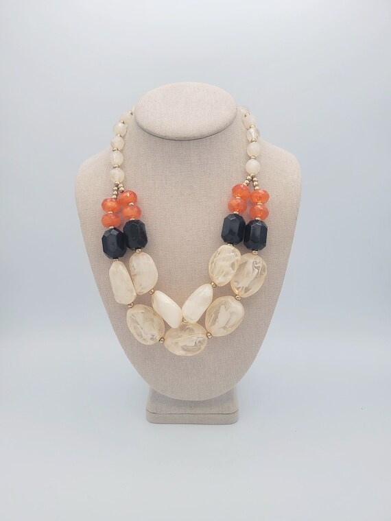Vintage Two Strand Chunky Plastic Marbled Beaded Necklace with Toggle Clasp Costume Jewelry Retro Statement Women Bib Orange Black White