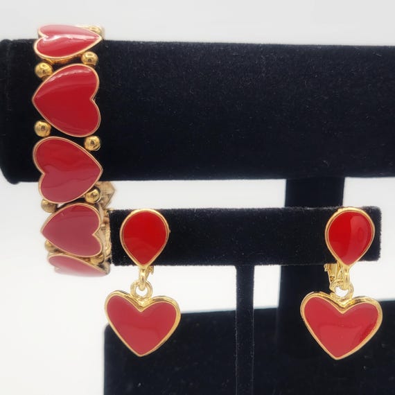 Vintage Gold Tone & Red Enamel Hearts Valentine's Day Jewelry Set with Clip On Earrings and Bracelet Costume Jewelry Retro Women Love