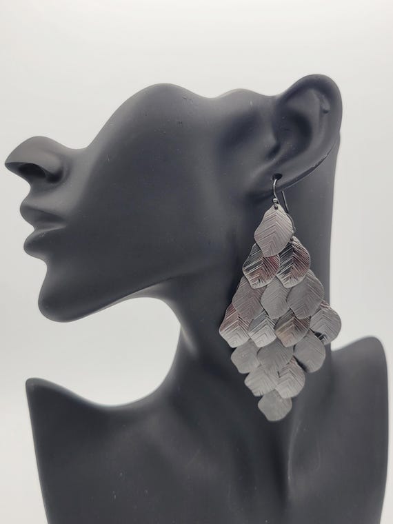 Vintage Oversize Black Gunmetal Leaf Motif Chandelier Dangle Earrings Costume Jewelry Retro Women Statement Stacked Layered Diamond Shape