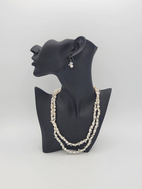 Vintage Sterling Silver & Genuine Cultured Pearl Jewelry Set with Necklace and Earrings Costume Jewelry Retro Women Statement Beaded White