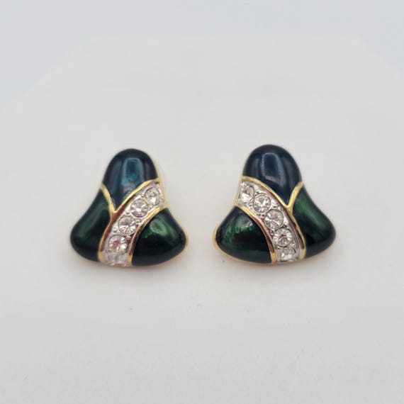 Vintage Gold Tone Domed Bell Shaped Stud Earrings with Blue and Green & Rhinestones Costume Jewelry Women Statement Retro Small 7/8"