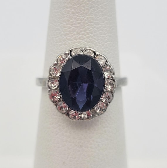 Vintage Silver Tone & Oval Faux Sapphire Statement Cocktail Ring Right Hand Costume Jewelry US 4 1/4 Clear Crystal CZ Halo Solitaire