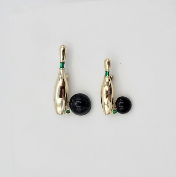 Set of 2 Vintage 1980s Gerry's Silver Tone & Green Rhinestone Bowling Pin and Ball Brooches Costume Jewelry Retro Statement Women Enamel