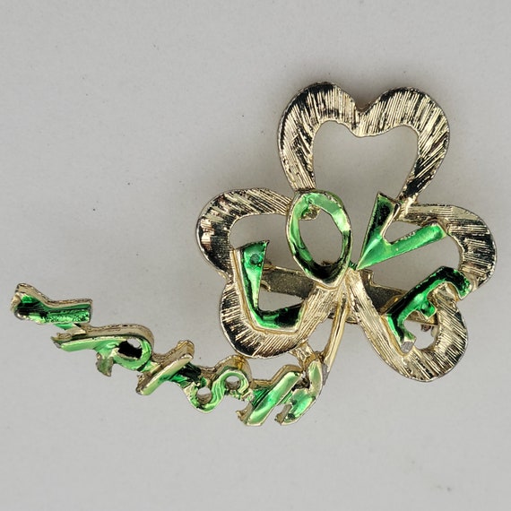 Vintage Gold Tone Irish Love Shamrock Brooch Pin St. Patrick's Day Costume Jewelry Statement Luck Green Enamel Openwork Letters Chrome