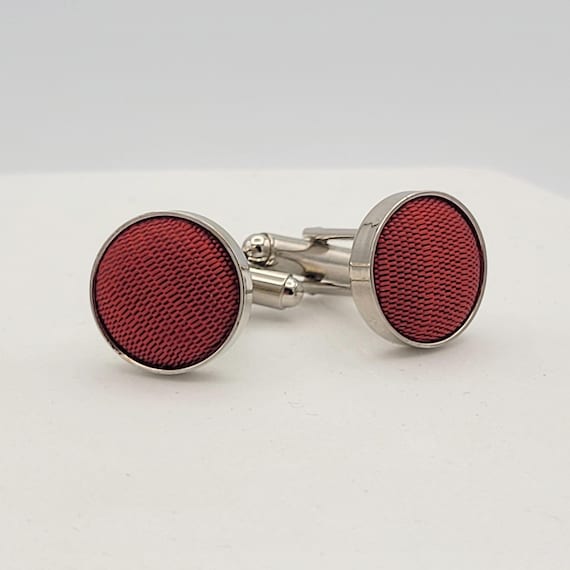 Vintage Silver Tone Round Red Fabric Men's Cuff Links Costume Jewelry Suit  Men's Accessories Accent Woven Chrome Button